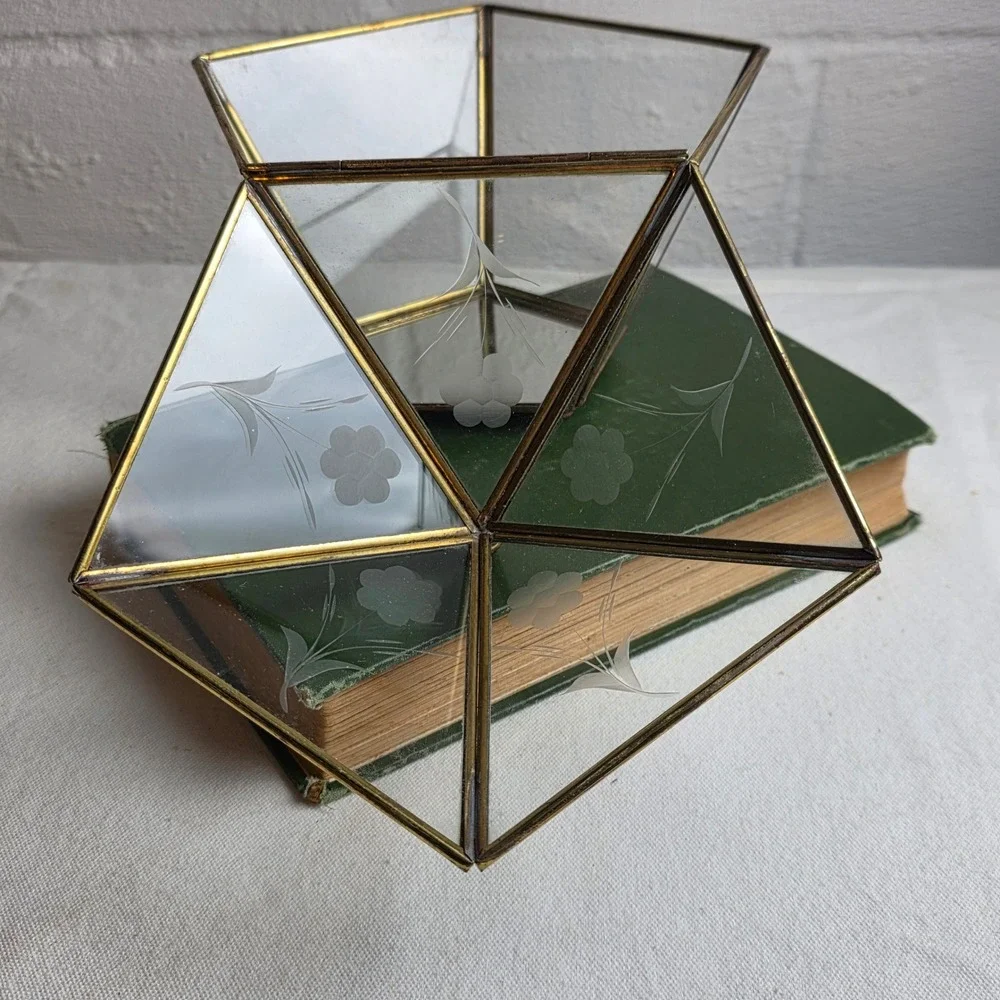 Vintage Brass Etched Glass Geometric Trinket Box Terrarium Mirrored Floral